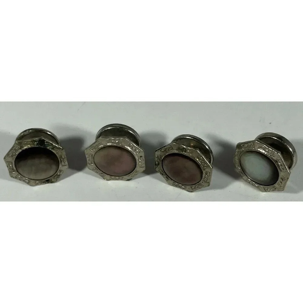 VTG Set Of 2 Art Deco Silvertone & Mother Of Pearl Cufflinks Cobs Link